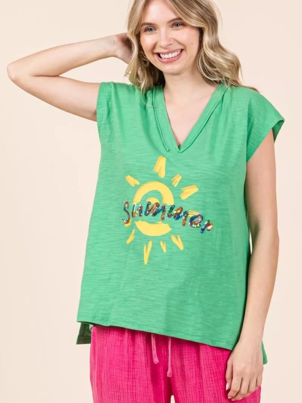 Sunny & Summer print top with a V-neck Sequined Summer